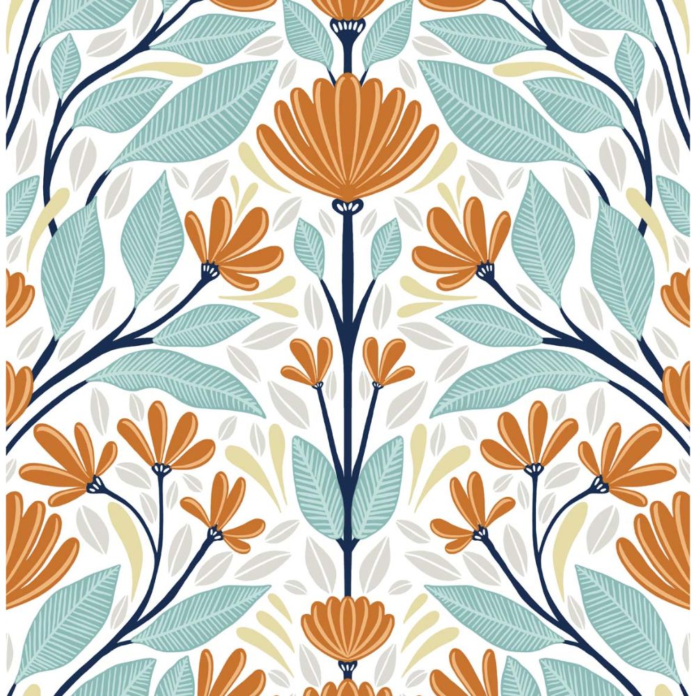 NextWall NW47101 Folk Floral Wallpaper in Verdigris & Orange