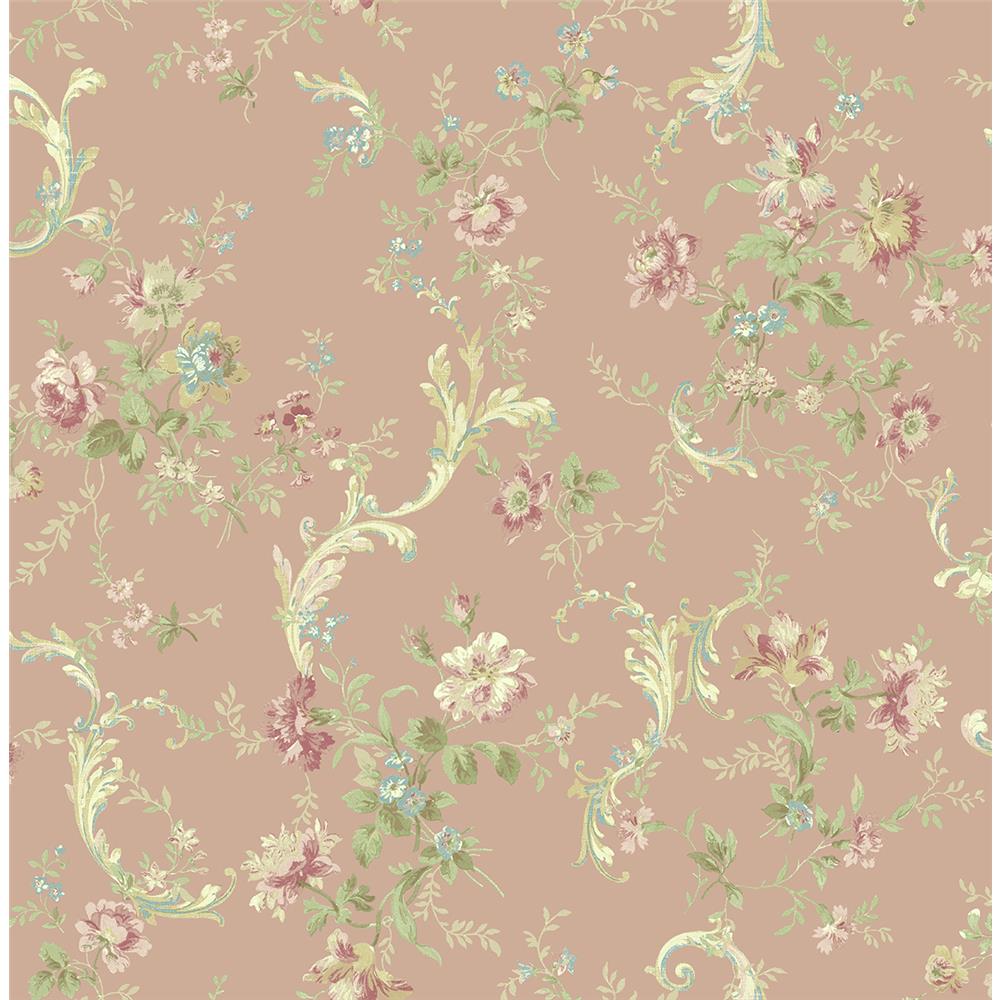 Wallquest FG70501 Flora Florals With Scroll Wallpaper in Pink