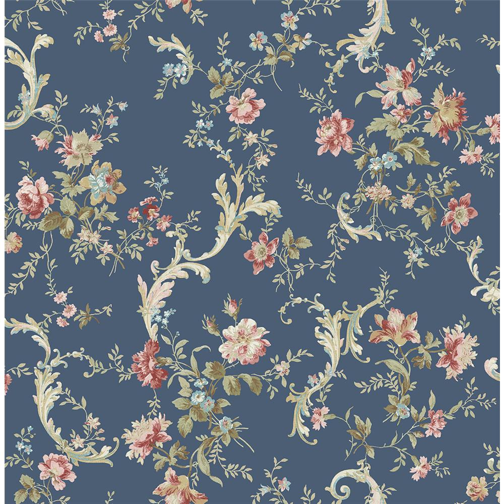 Wallquest FG70502 Flora Florals With Scroll Wallpaper in Blue