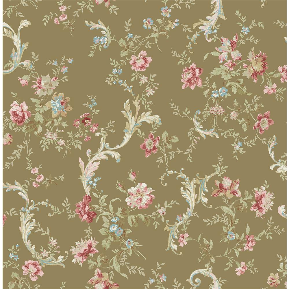 Wallquest FG70505 Flora Florals With Scroll Wallpaper in Brown