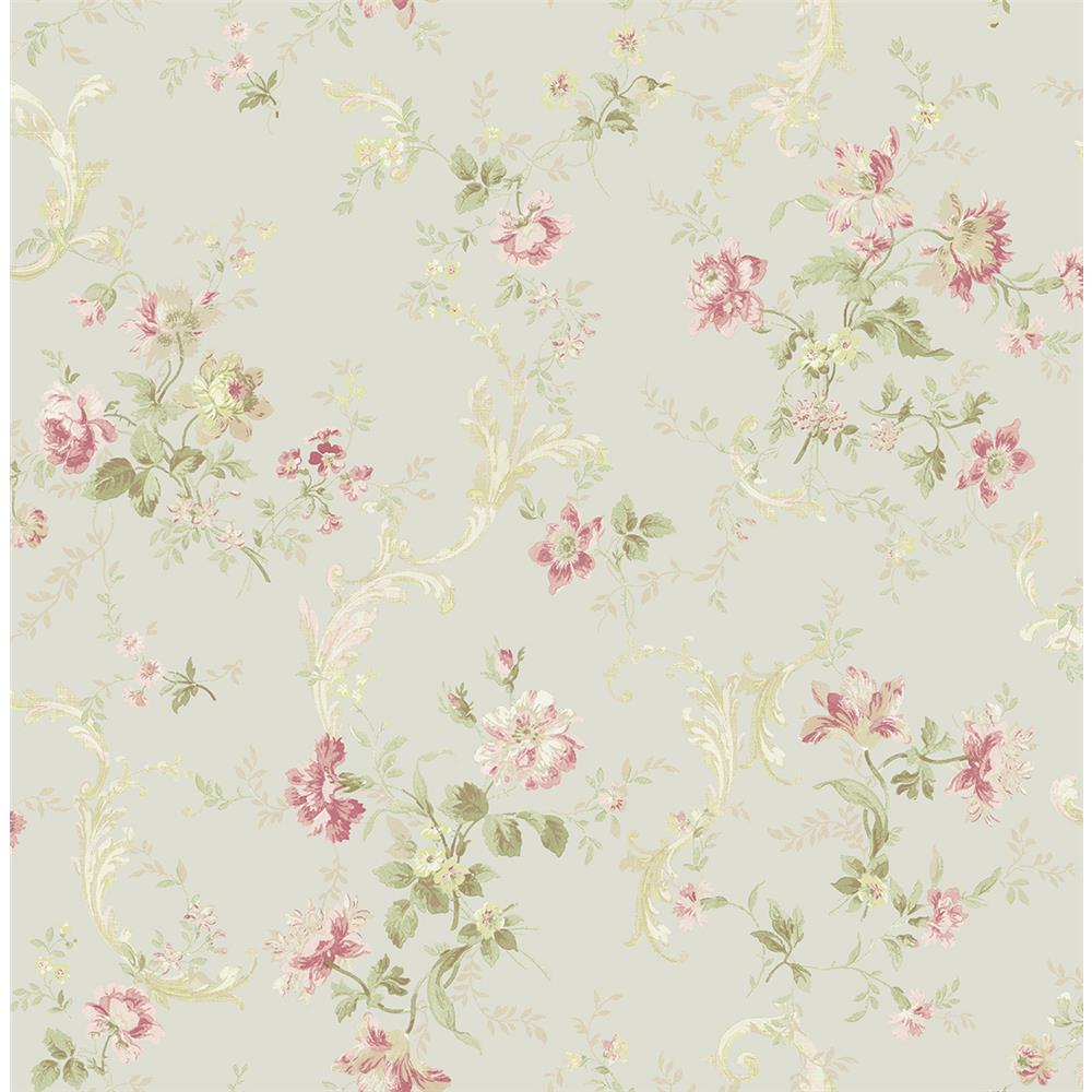 Wallquest FG70508 Flora Florals With Scroll Wallpaper in Blue