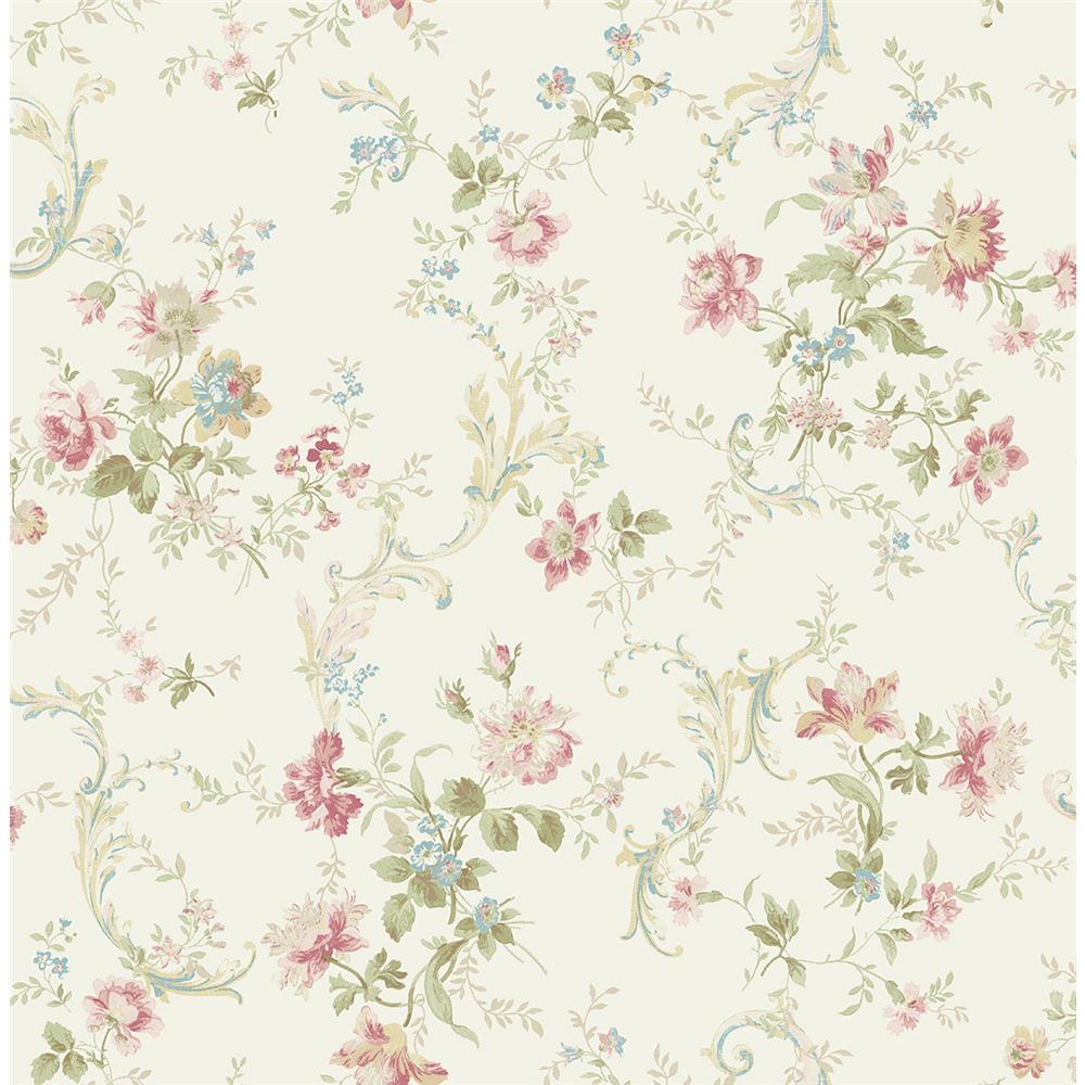 Wallquest FG70511 Flora Florals With Scroll Wallpaper in White