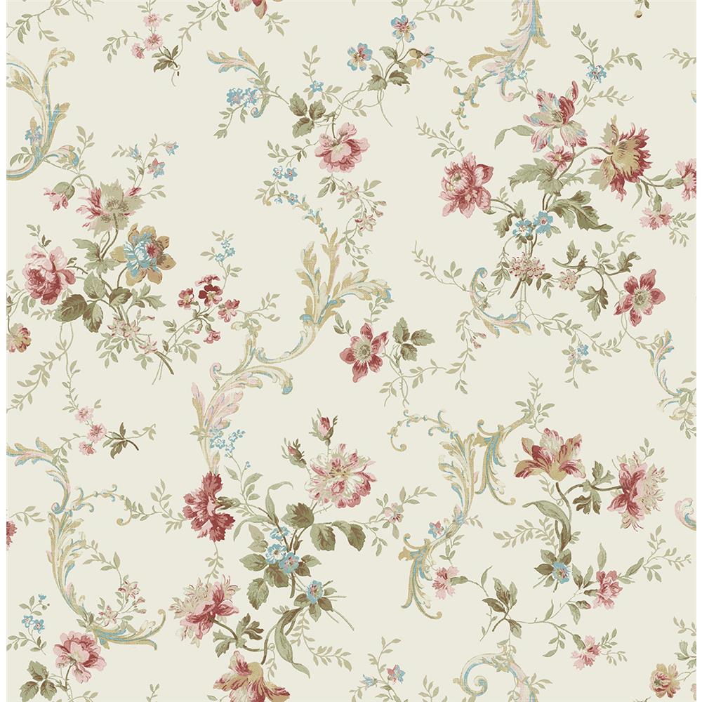 Wallquest FG70512 Flora Florals With Scroll Wallpaper in Cream