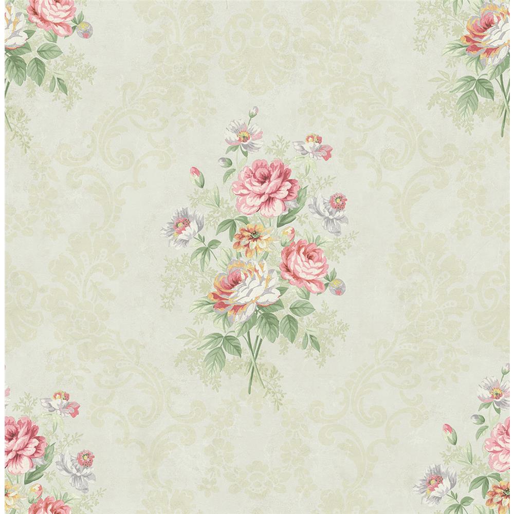 Wallquest FL90014 French Cameo Bouquet Floral Wallpaper in Green