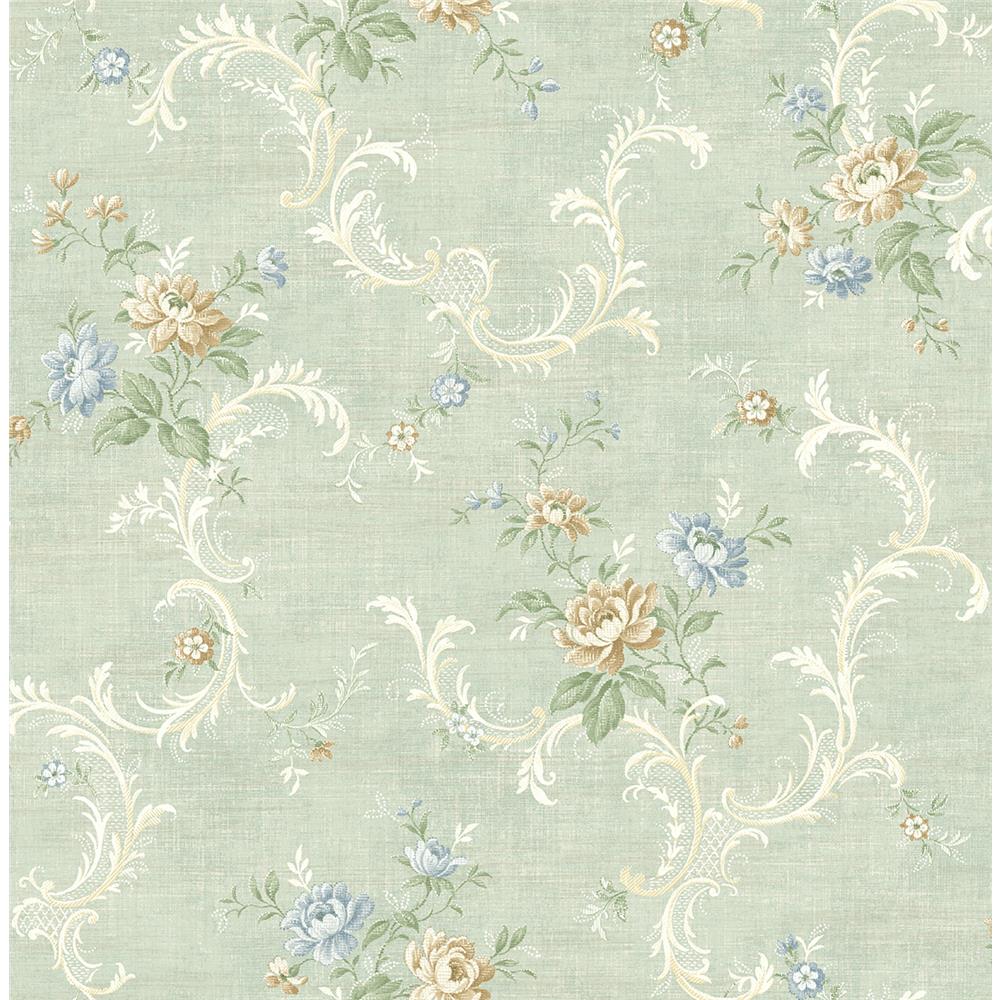 Wallquest MV80102 Vintage Home 2 Tossed Floral Scroll Wallpaper in Blue