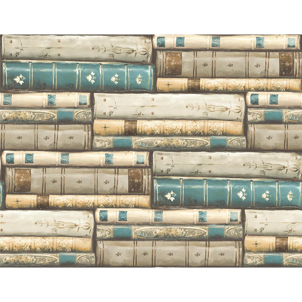 Wallquest MV81802 Vintage Home 2 Stacked Books Wallpaper in Blue