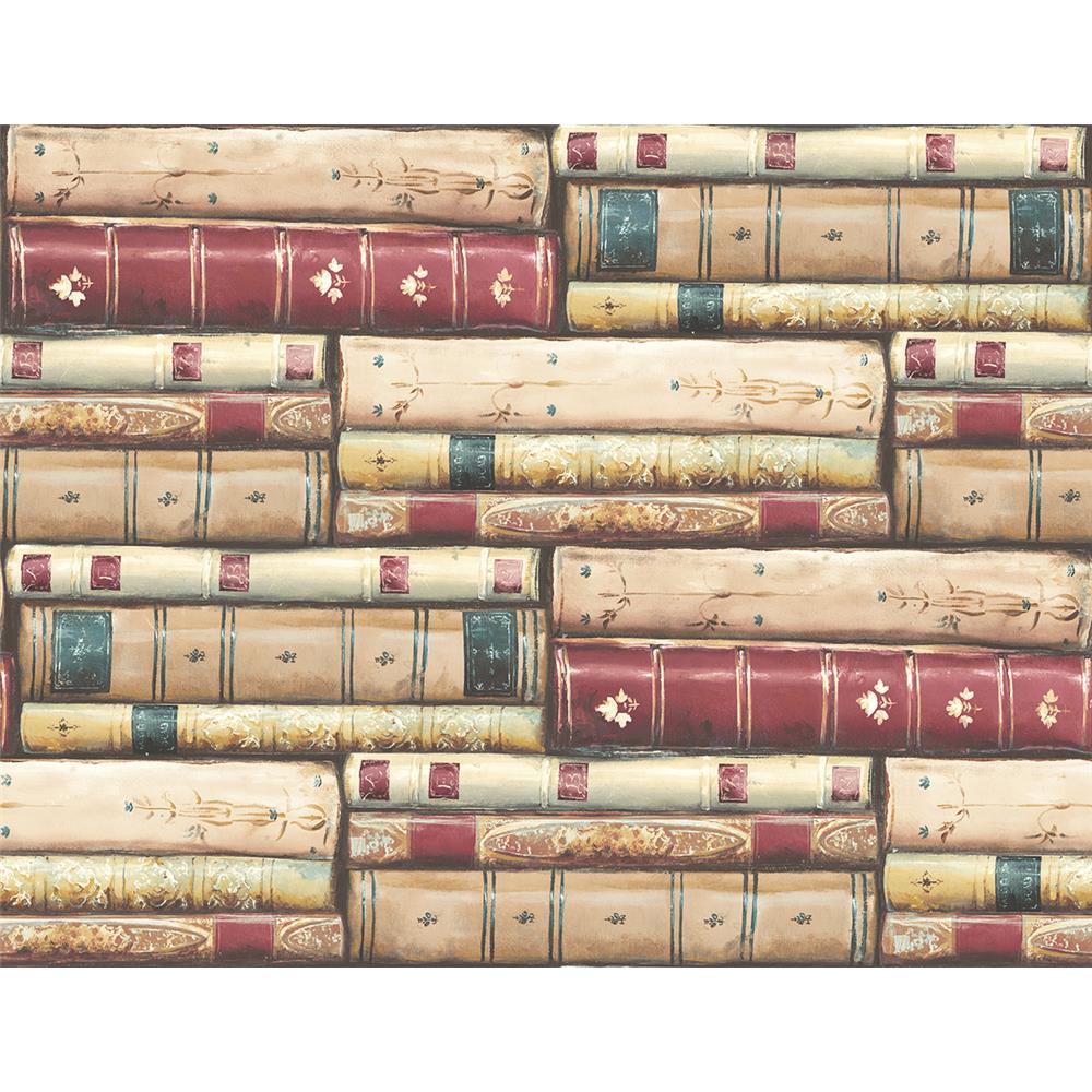 Wallquest MV81807 Vintage Home 2 Stacked Books Wallpaper in Red