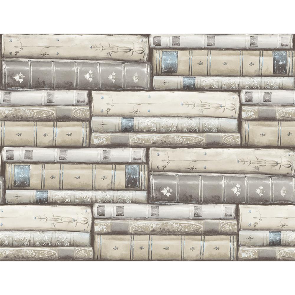 Wallquest MV81808 Vintage Home 2 Stacked Books Wallpaper in Grey