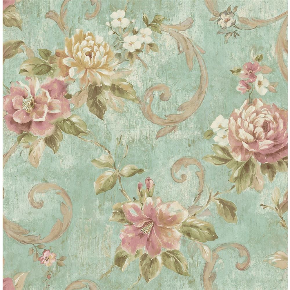 Wallquest VA10904 Via Allure 2 Floral Scroll Wallpaper in Green