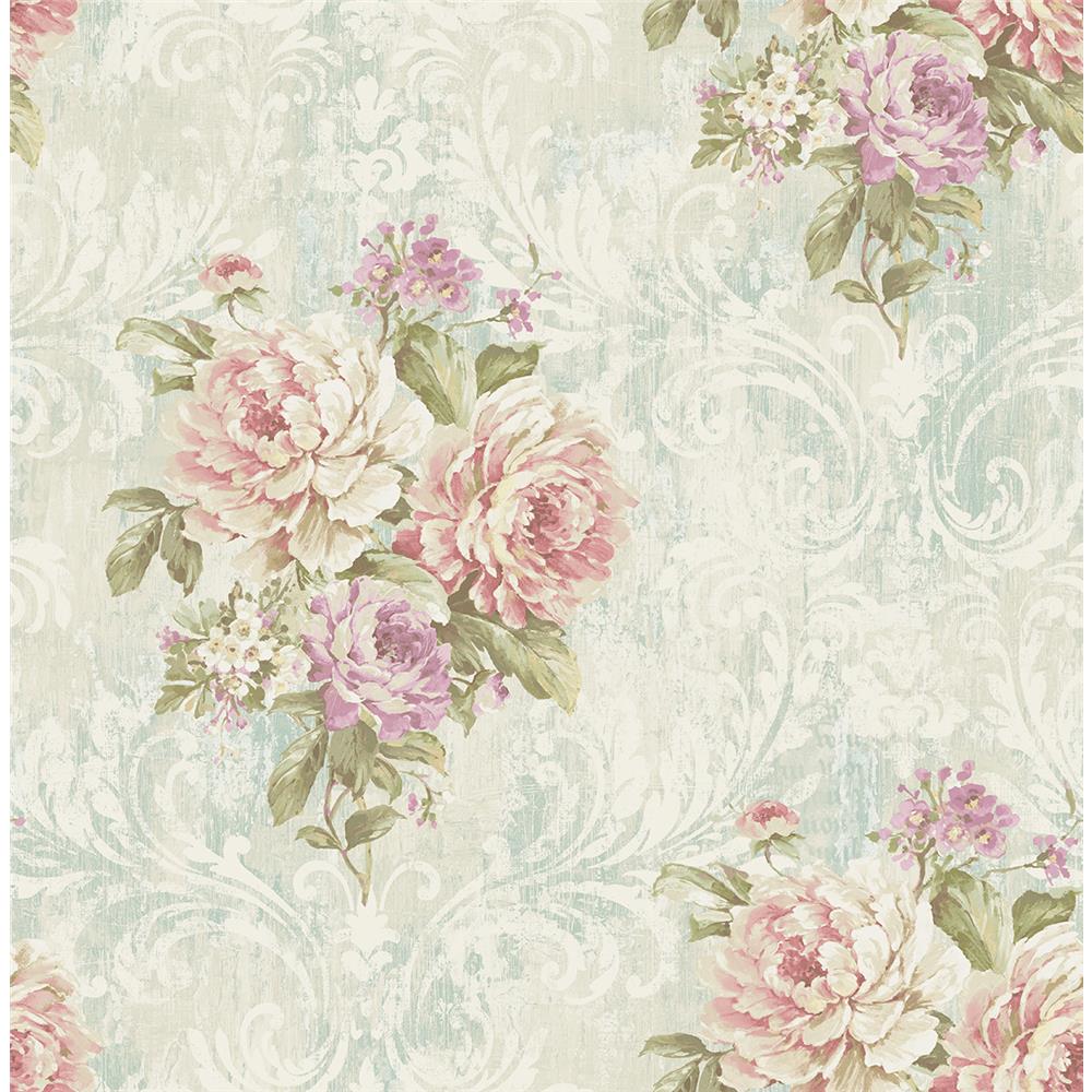 Wallquest VF31001 Manor House Bouquet with Frame Wallpaper in Blue