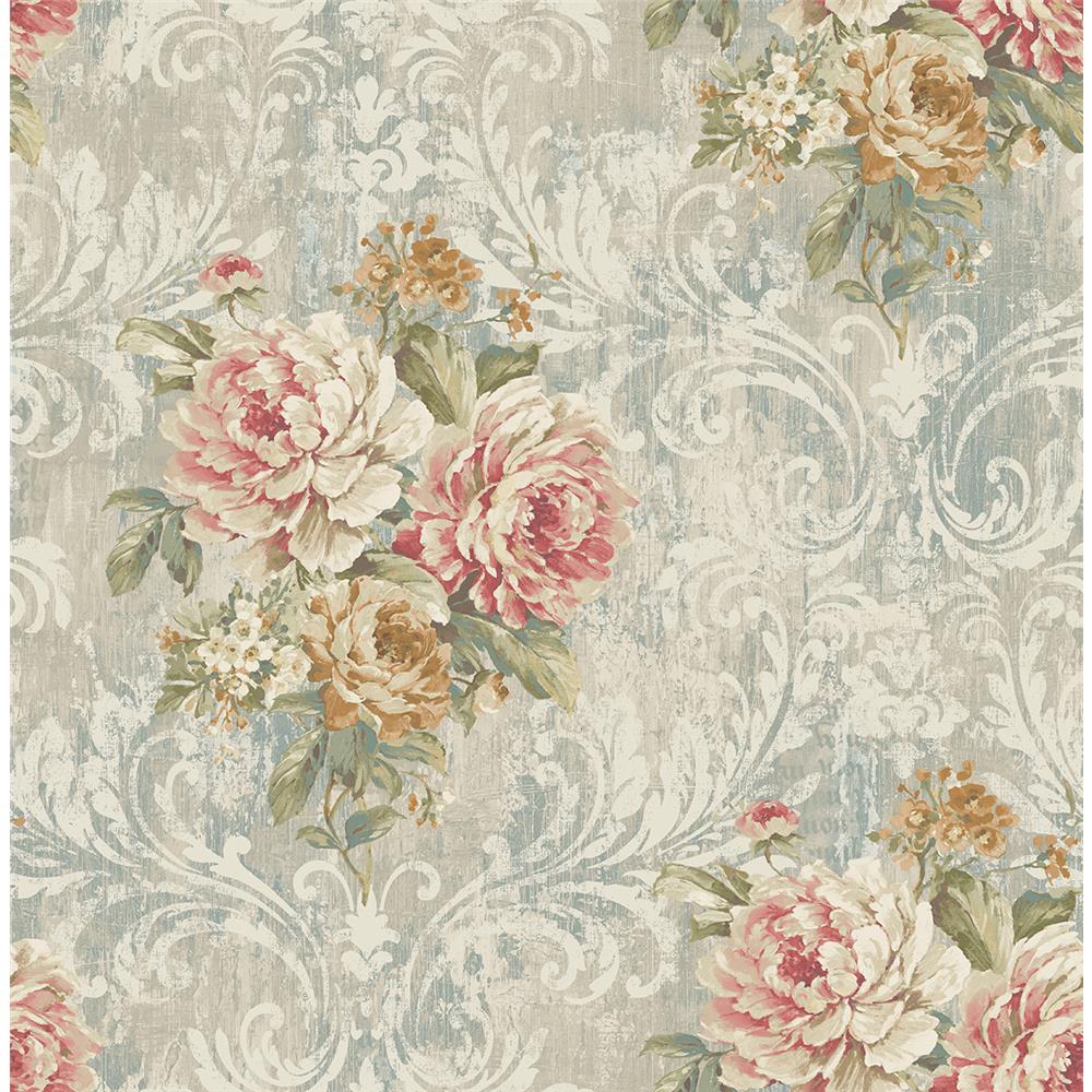 Wallquest VF31002 Manor House Bouquet with Frame Wallpaper in Blue