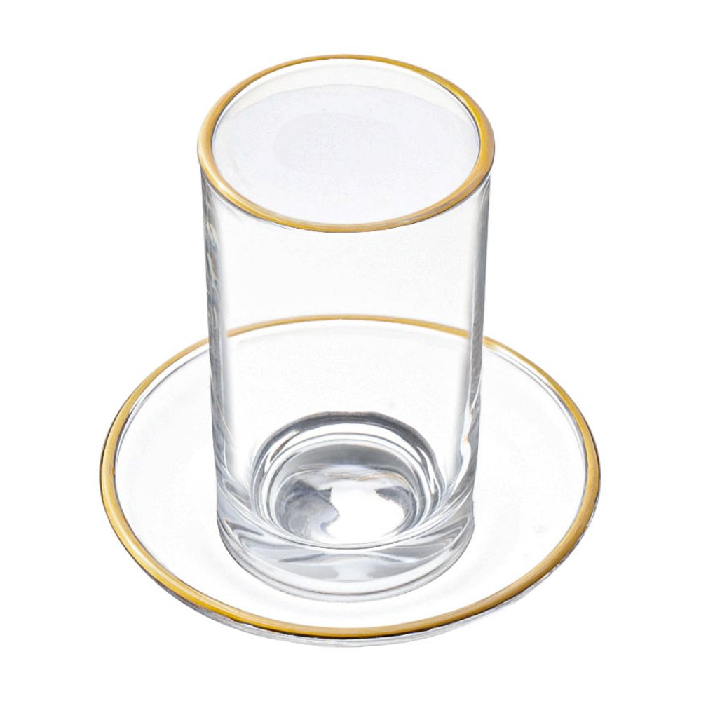 Glass Cups & Saucer - Modern with Gold Rim - Set of 6
