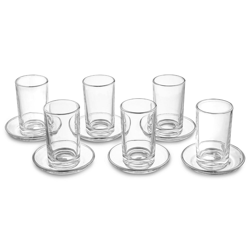 Glass Cups & Saucer - Modern with Silver Rim - Set of 6