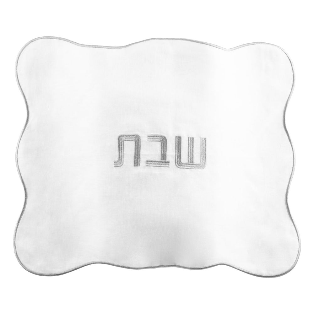 Linen Challah Cover - Silver Wavy Border