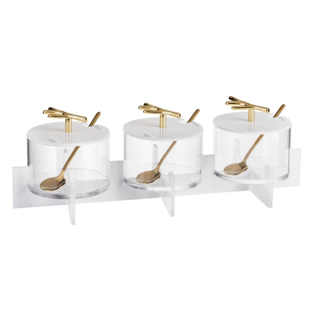 Set of 3 Dip Holder (about 2/3 lb bowls) Includes, 3 Covers & 3 Metal Spoons - White & Gold