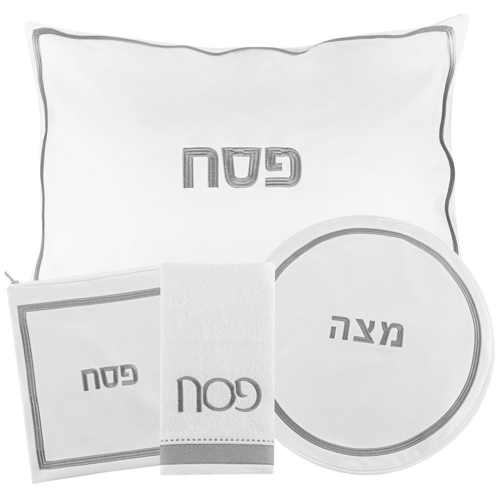 PU Leather Pesach Set - Hotel Style - White & Silver