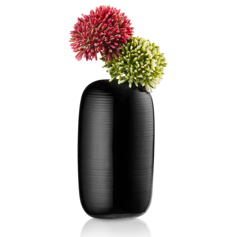 Fluted Black Floral Vase - Green & Burgandy Flowers