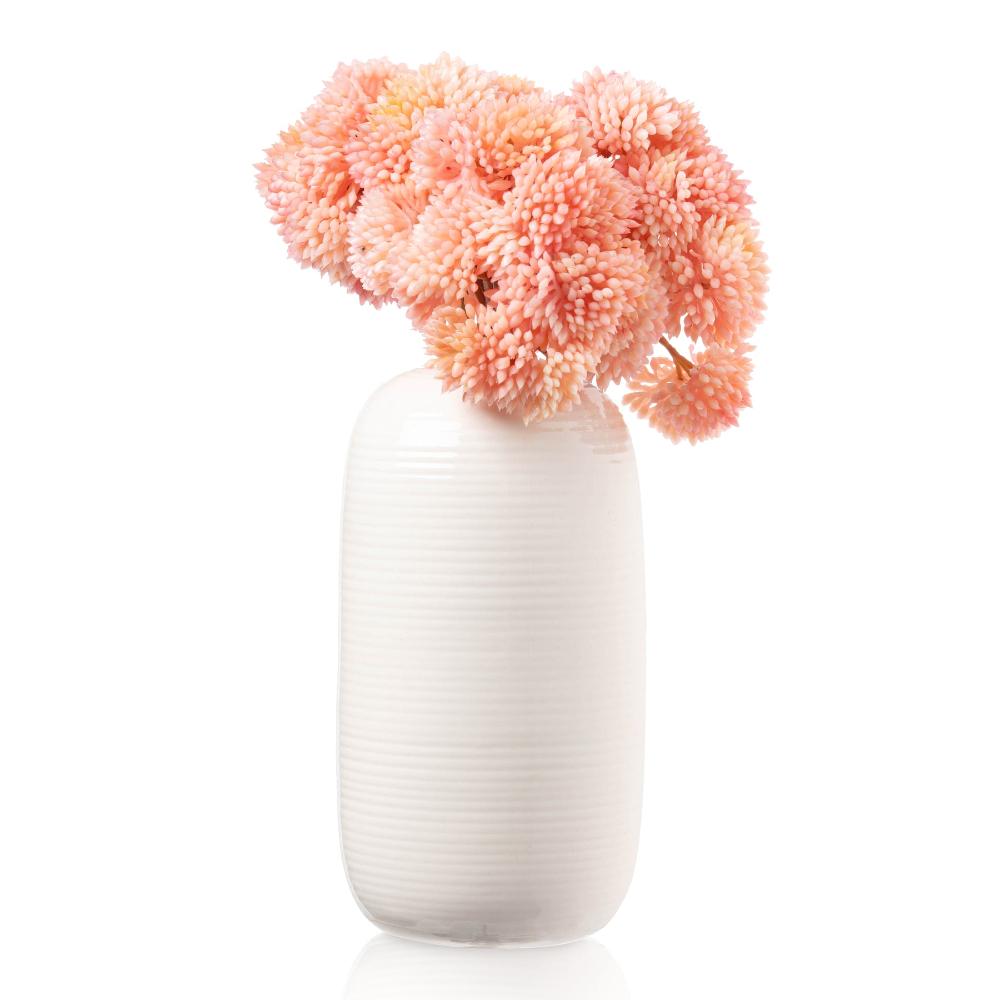 Fluted White Floral Vase - Pink Flowers