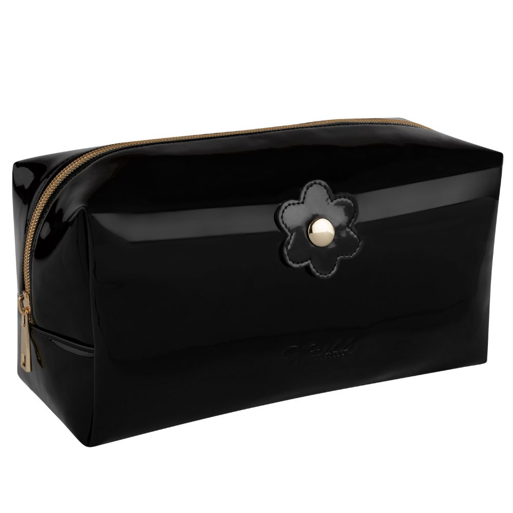 PU Leather Cosmetic Bag - Patent Leather Black with Gold Zipper