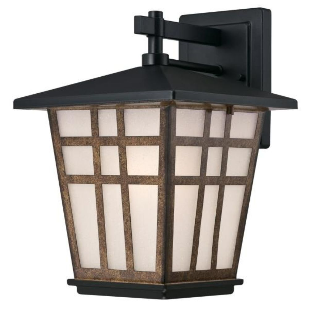 Westinghouse 6358200 Wall Fixture Matte Black Finish with Barnwood Accents Frosted Seeded Glass Wall Lighting
