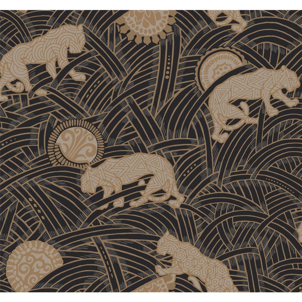 Ronald Redding by York AF6550 Tea Garden Tibetan Tigers Wallpaper in Black, Taupe, Gold