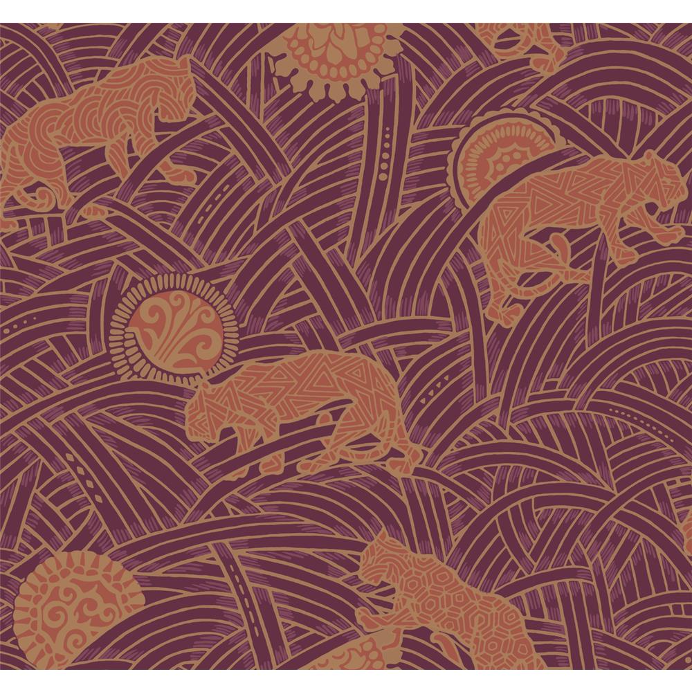 Ronald Redding by York AF6552 Tea Garden Tibetan Tigers Wallpaper in Red, Orange, Gold