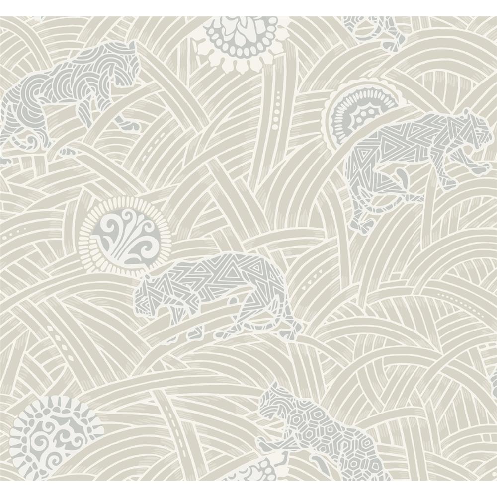 Ronald Redding by York AF6553 Tea Garden Tibetan Tigers Wallpaper in White, Grey
