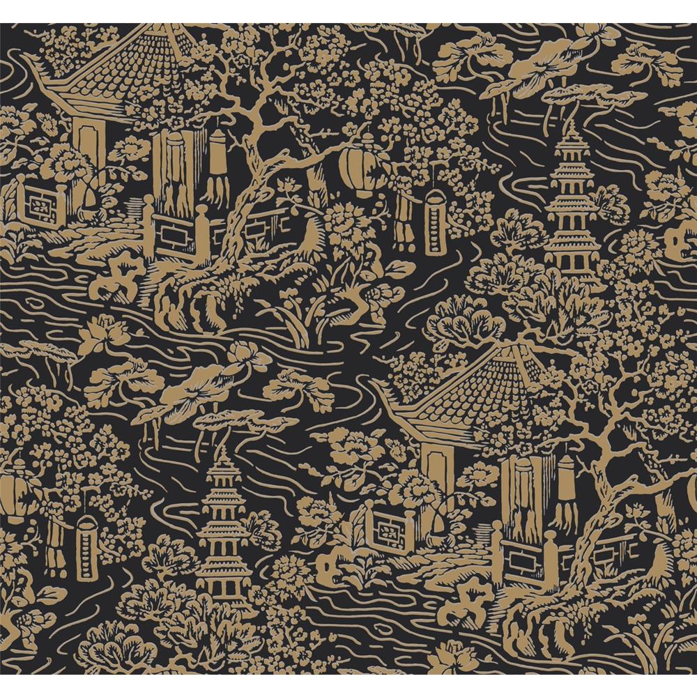 Ronald Redding by York AF6577 Tea Garden Chinoiserie Wallpaper in Black, Gold