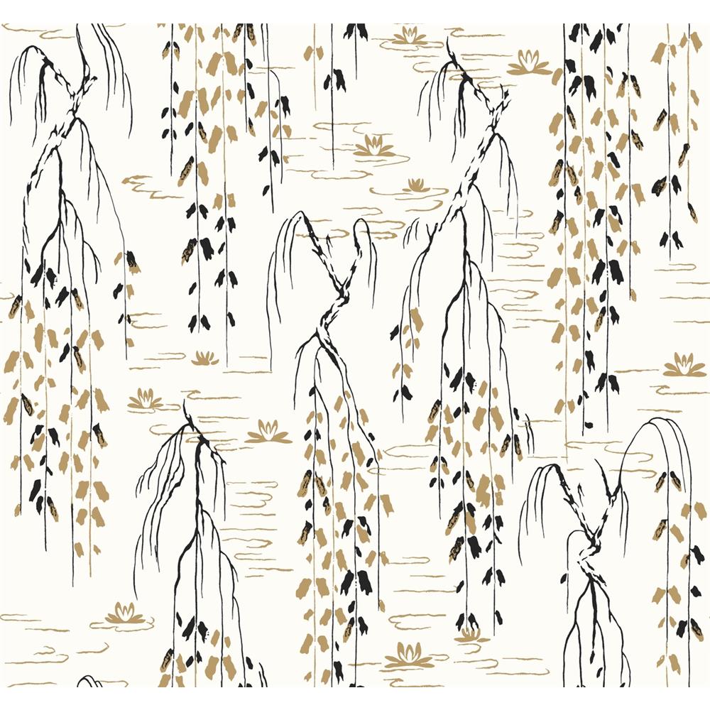Ronald Redding by York AF6581 Tea Garden Willow Branches Wallpaper in White, Black, Gold