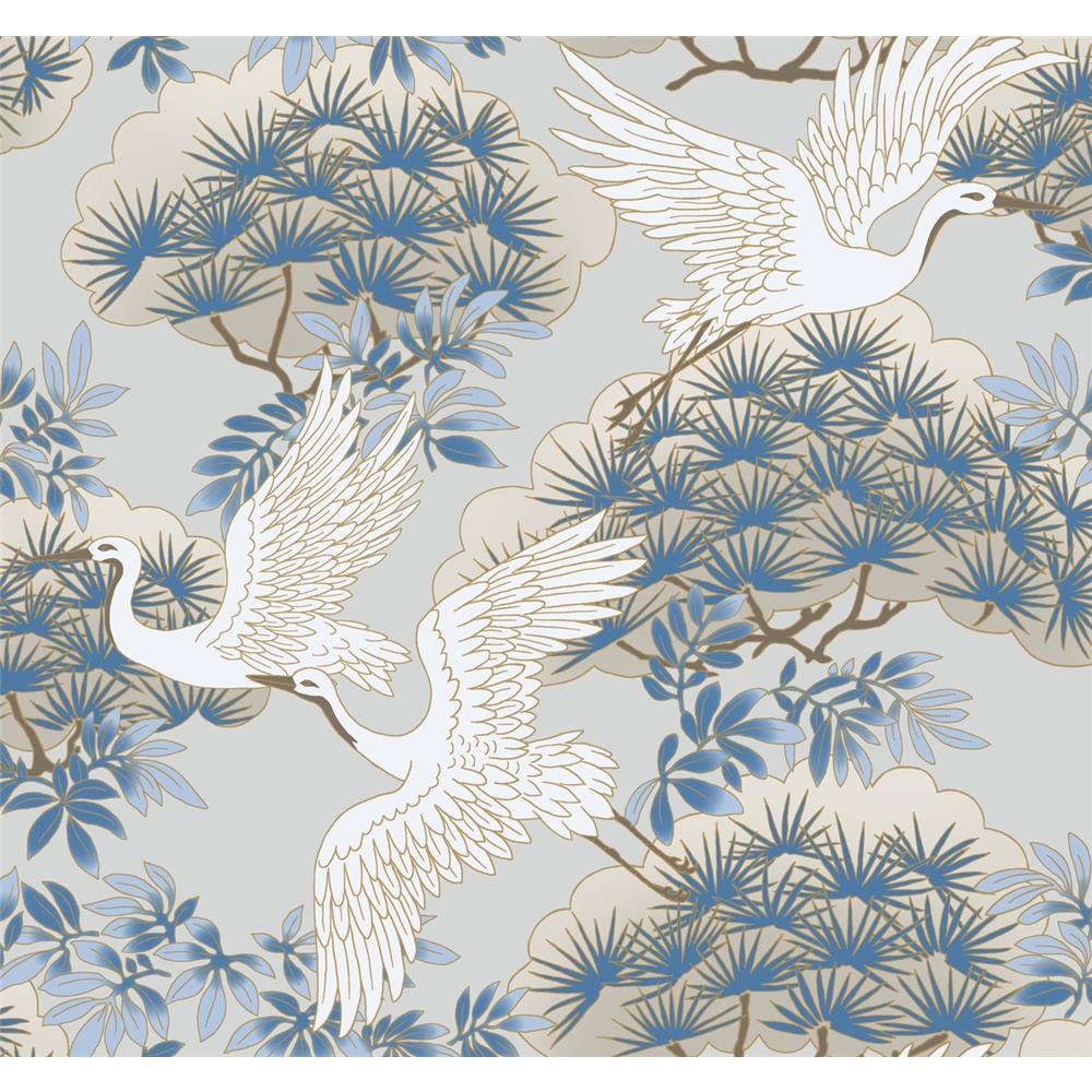 Ronald Redding by York AF6591 Tea Garden Sprig & Heron Wallpaper in Light Blue