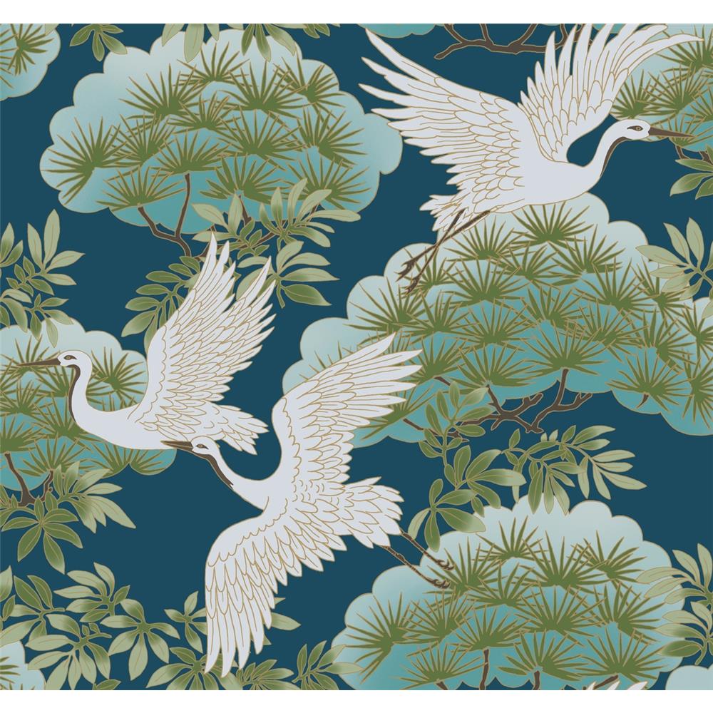 Ronald Redding by York AF6592 Tea Garden Sprig & Heron Wallpaper in Blue