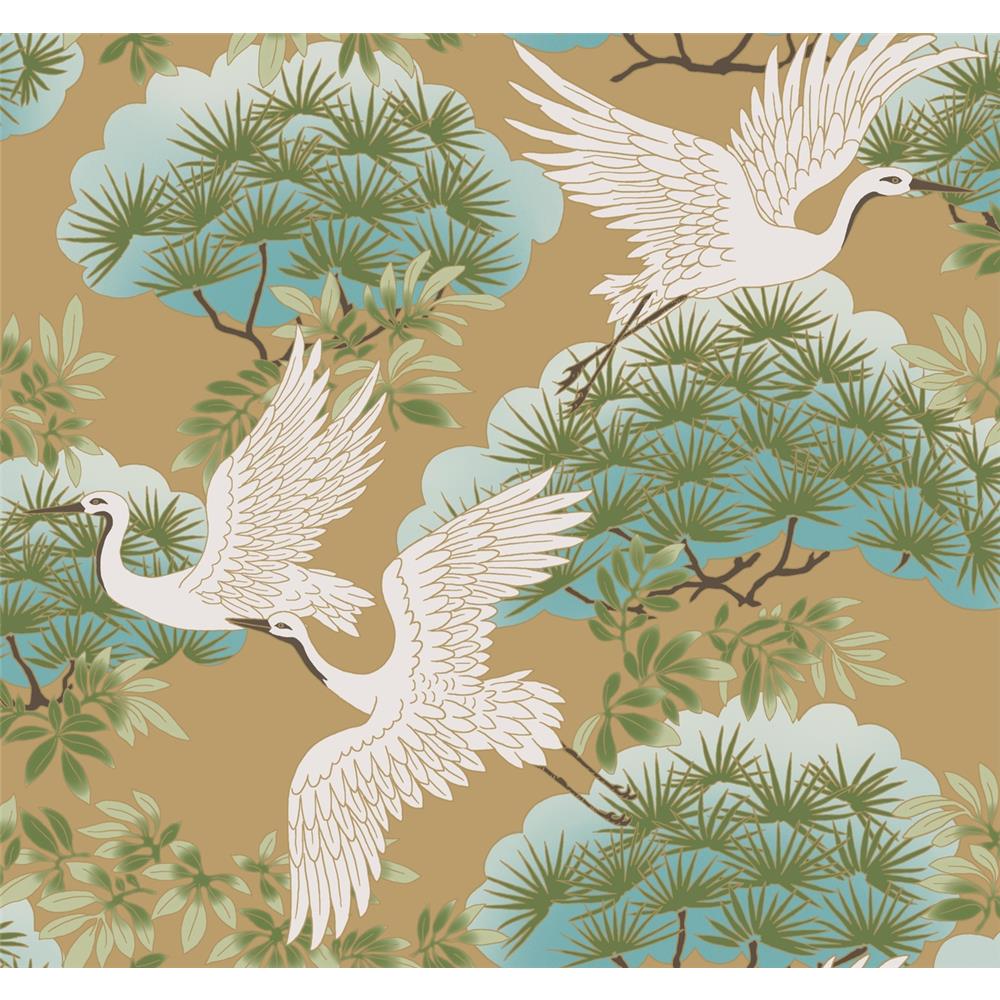 Ronald Redding by York AF6594 Tea Garden Sprig & Heron Wallpaper in Gold