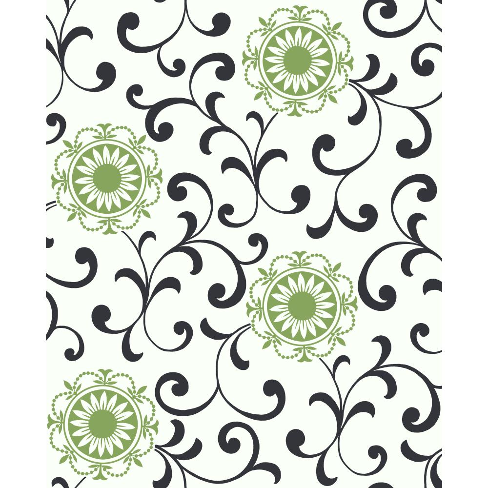 Inspired by Color by York Black & White Medallion With Scroll Wallcovering in White/Green/Black