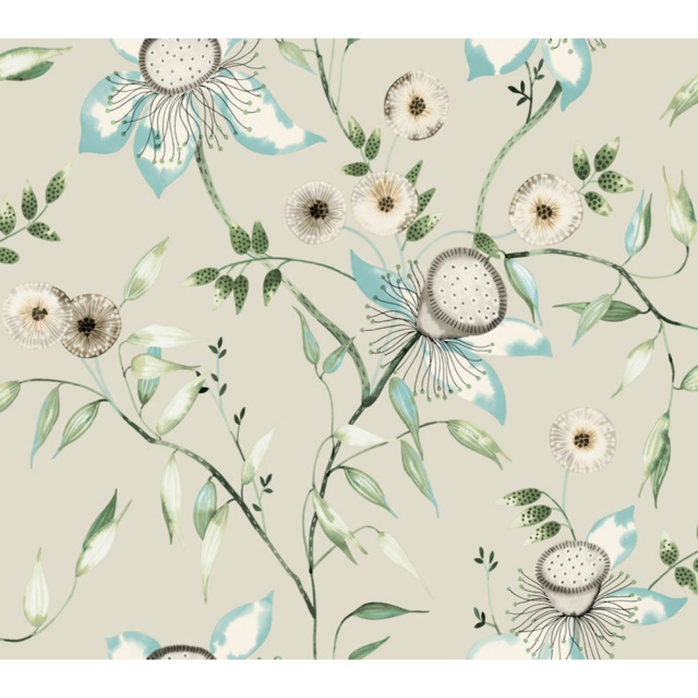 York BL1794 Blooms Taupe & Aqua Dream Blossom Wallpaper