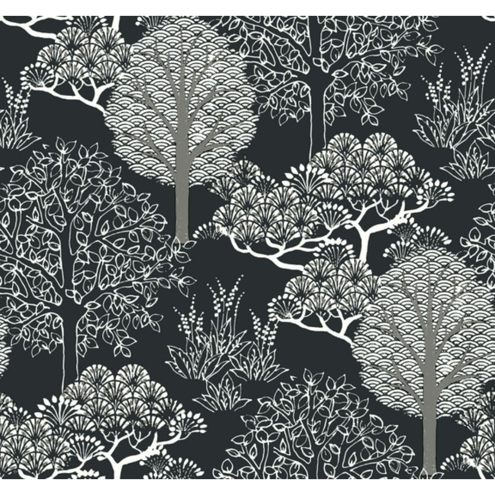 Inspired by Color by York BW3852 Black & White III Black Metallic Kimono Trees Wallpaper