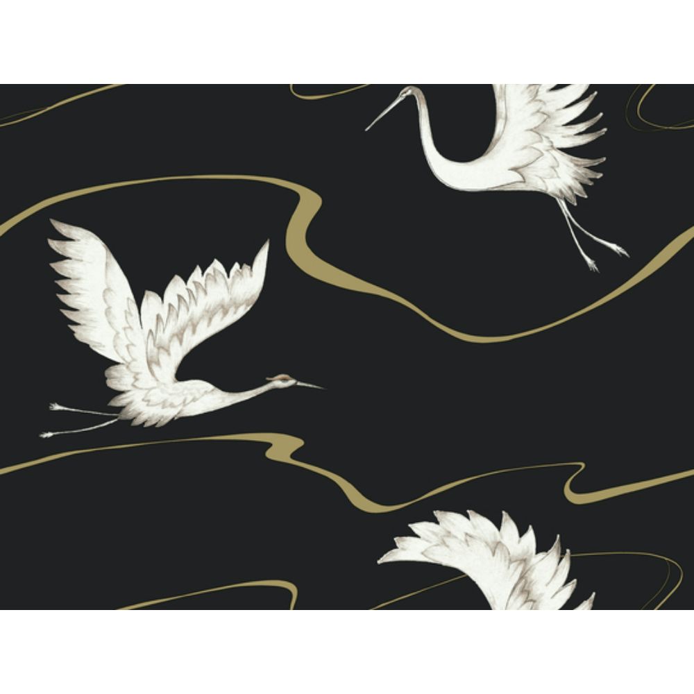 Inspired by Color by York BW3871 Black & White III Black & Gold Soaring Cranes Wallpaper