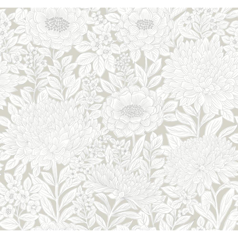 York BW3922 Black & White Resource Library Wood Block Blooms Wallpaper in Taupe & Silver