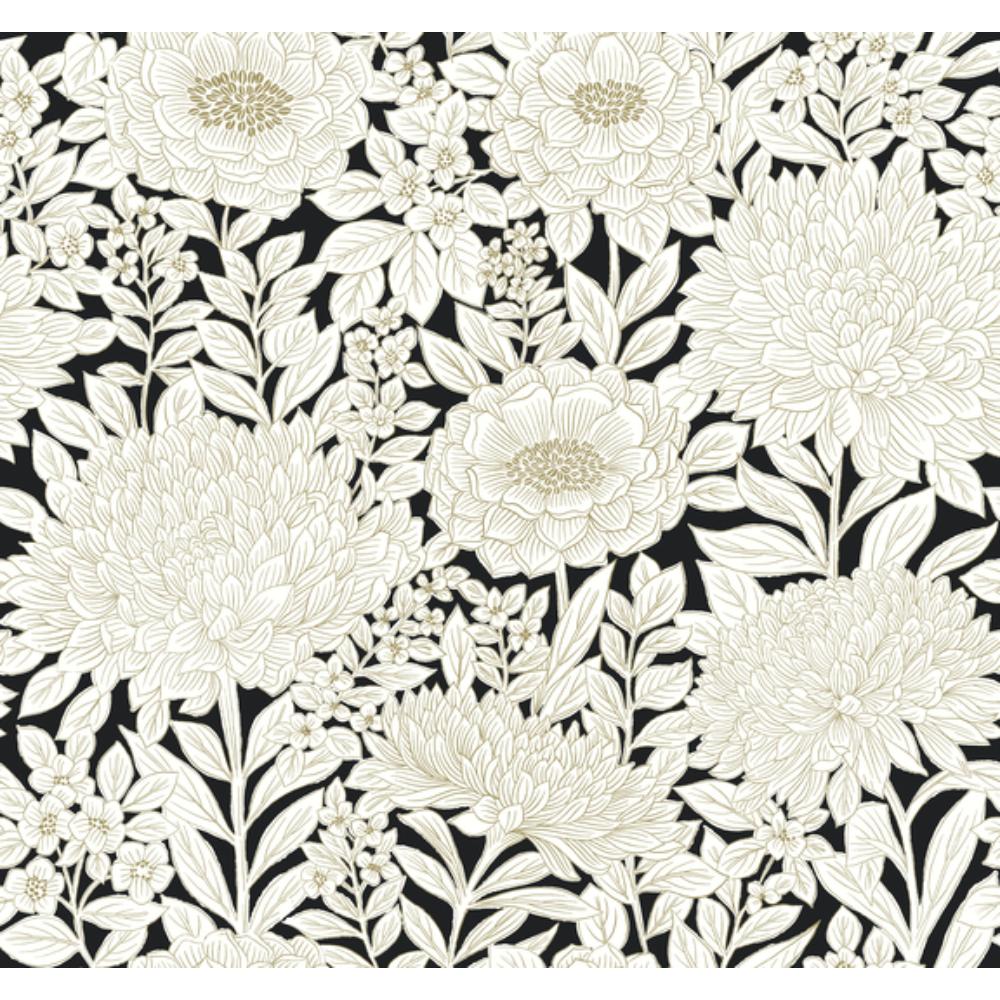 York BW3923 Shimmering Finishes Wood Block Blooms Wallpaper in Black & Gold