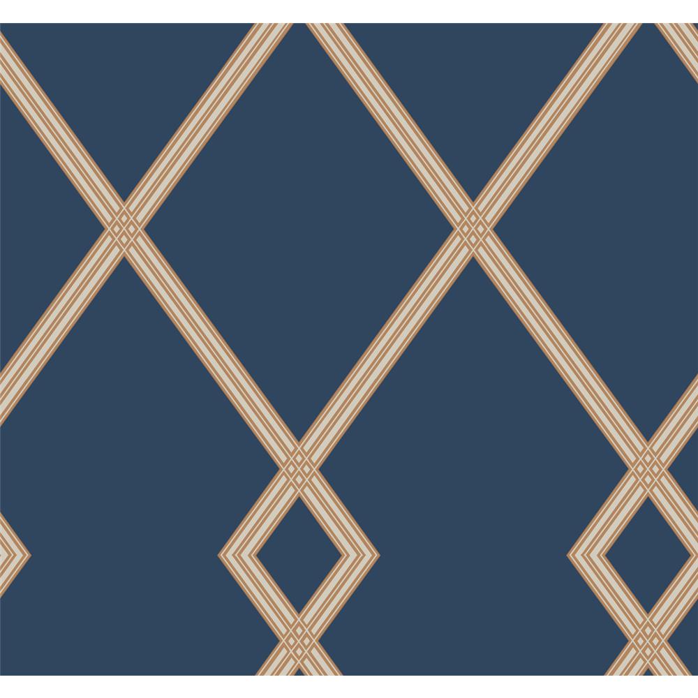 York CY1506 Conservatory Navy/Copper Ribbon Stripe Trellis Wallpaper