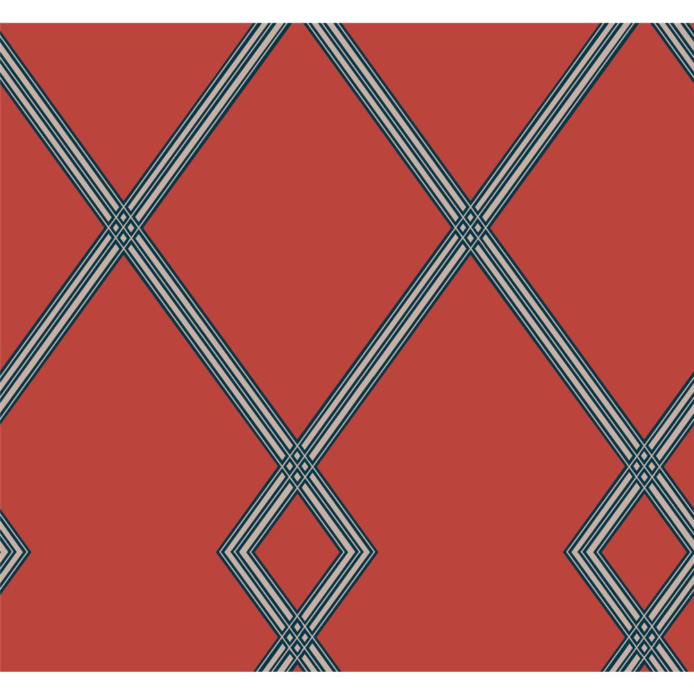 York CY1512 Conservatory Red/Indigo Ribbon Stripe Trellis Wallpaper