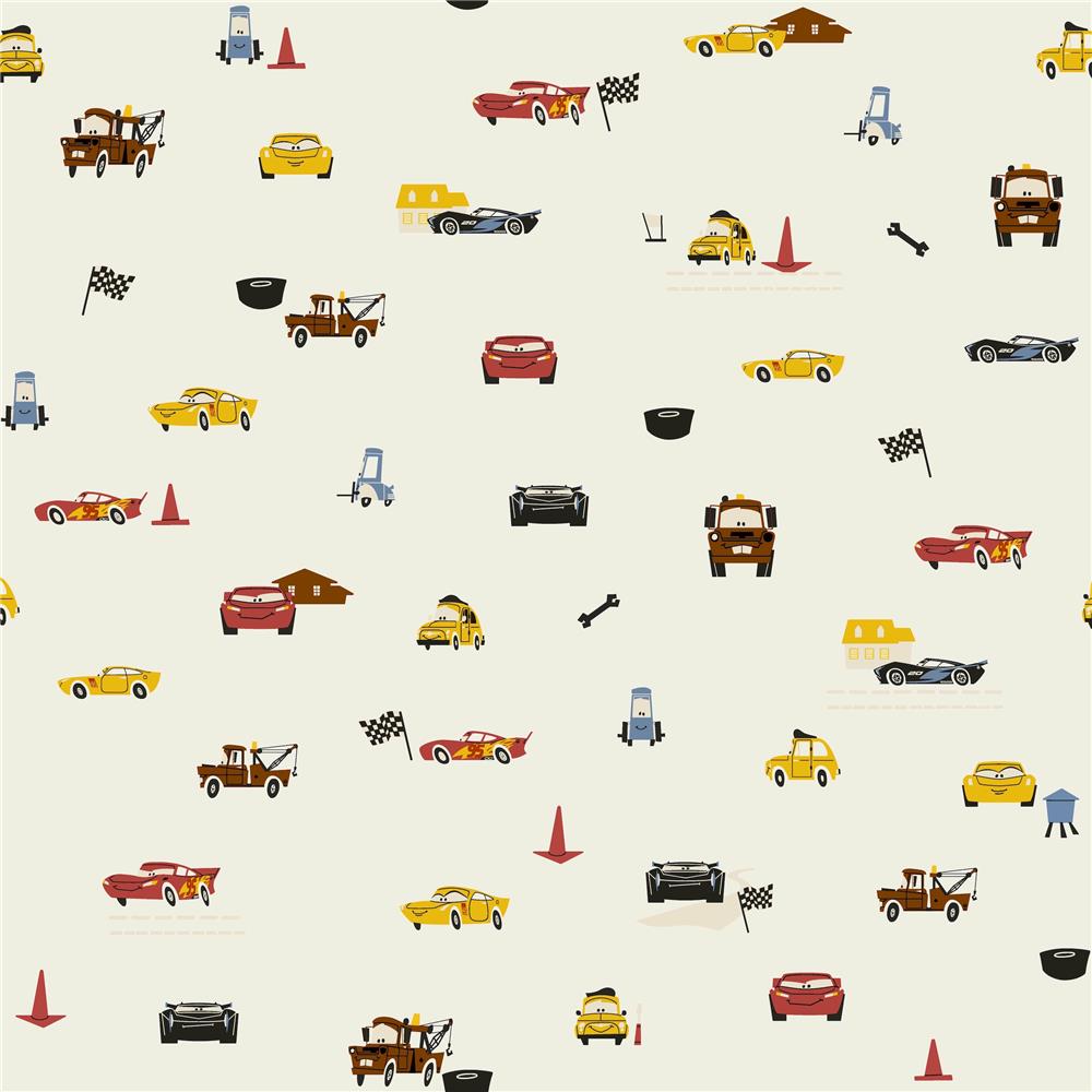 York DI0922 Disney Kids Vol. 4 Disney and Pixar Cars Racing Spot Wallpaper in Cream