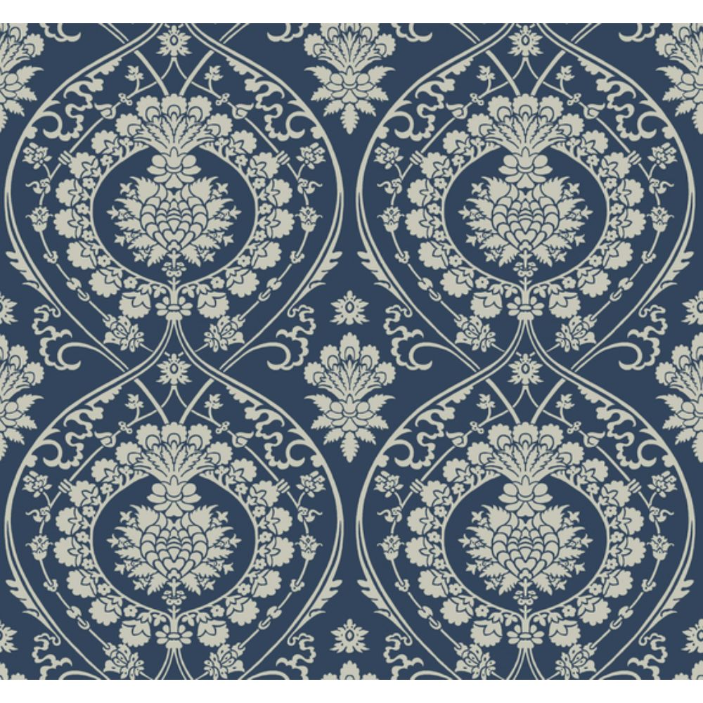 York DM4901 Damask Resource Library Imperial Damask Wallpaper in Navy/Silver