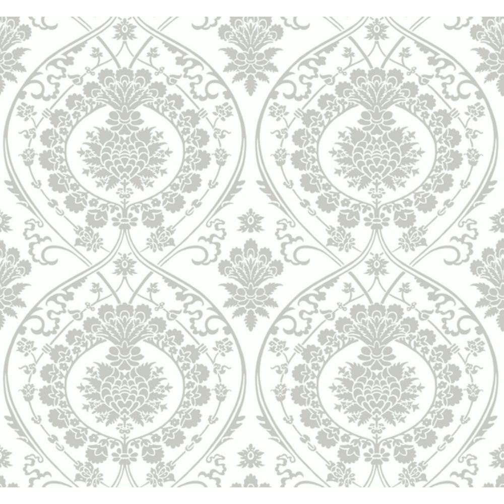 York DM4905 Damask Resource Library Imperial Damask Wallpaper in White/Silver