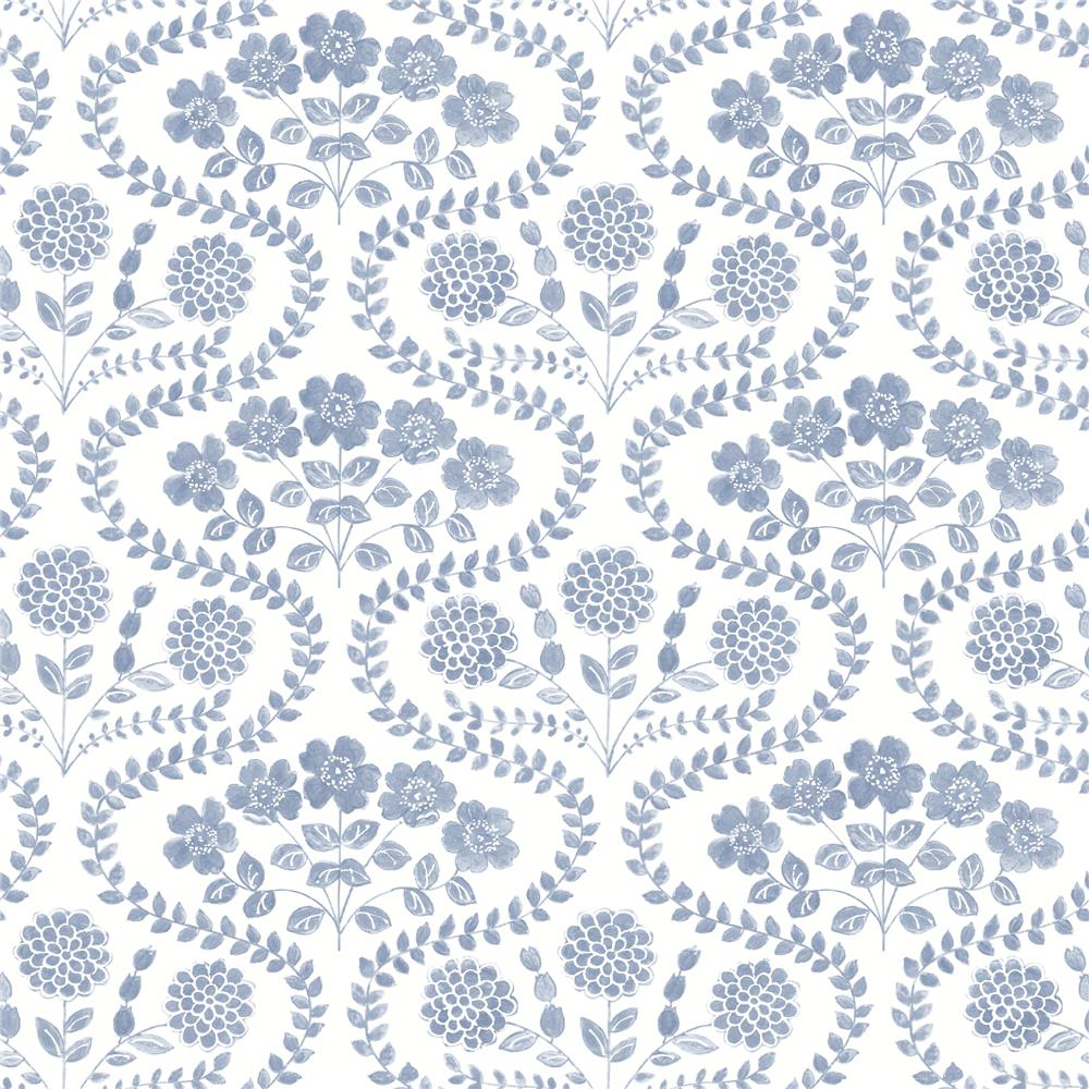 York FH4023 Simply Farmhouse Folksy Floral Wallpaper in Blue/White