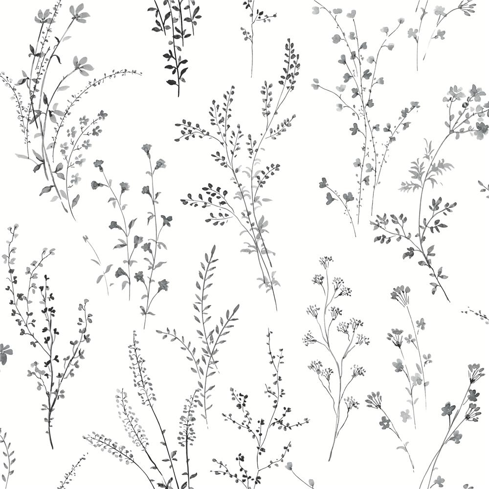 York FH4026 Simply Farmhouse Wildflower Sprigs Wallpaper in Black/White