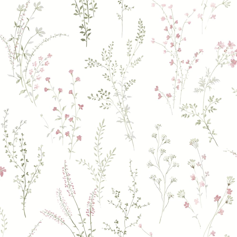 York FH4028 Simply Farmhouse Wildflower Sprigs Wallpaper in Pink/Green/Gray