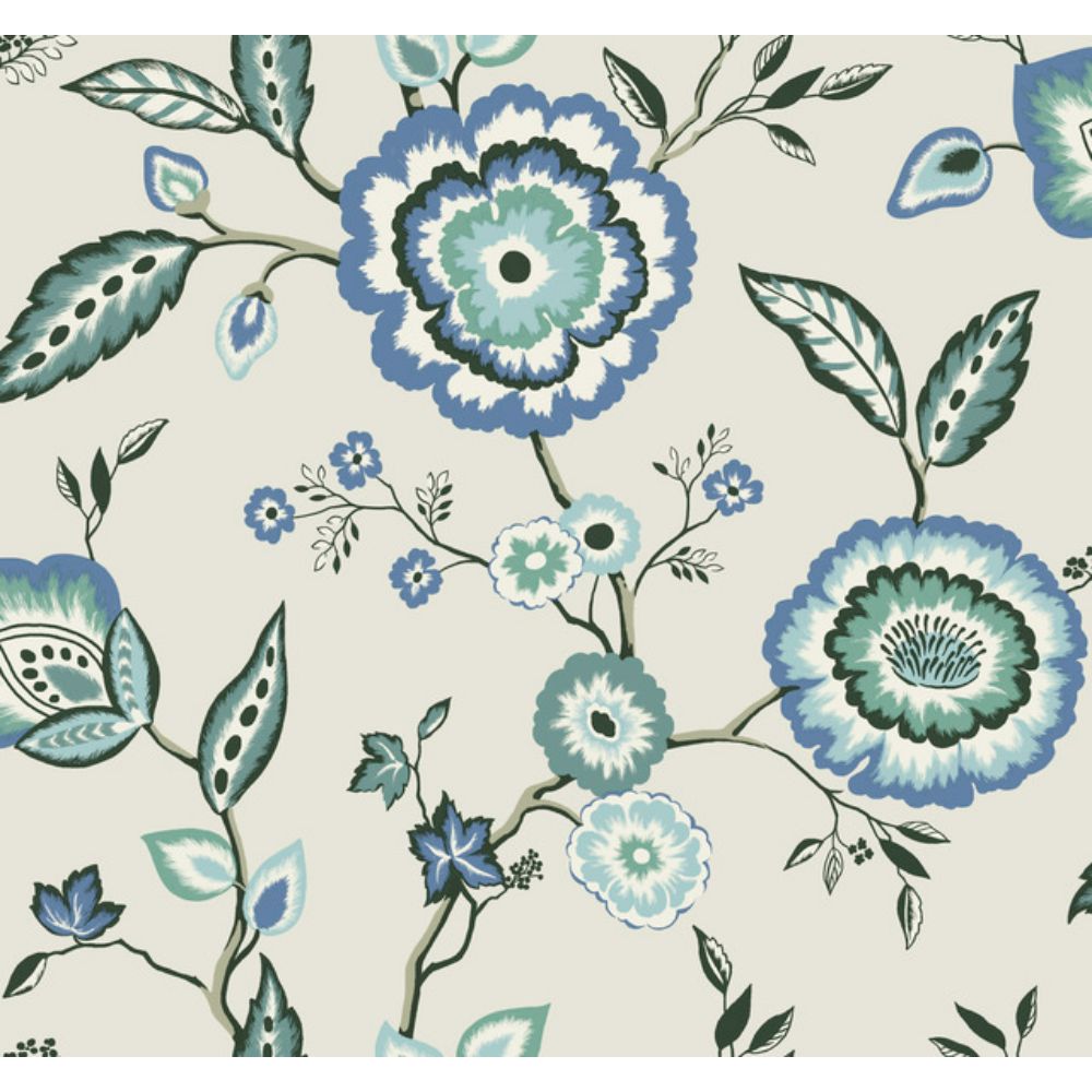 York GO8231 Greenhouse Dahlia Blooms Dove/Cornflower Wallpaper in Blue, White/Off White