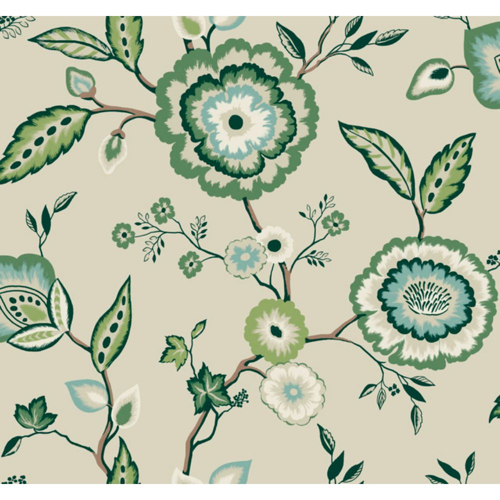 York GO8233 Greenhouse Dahlia Blooms Linen/Jade Wallpaper in Gereen, Beige