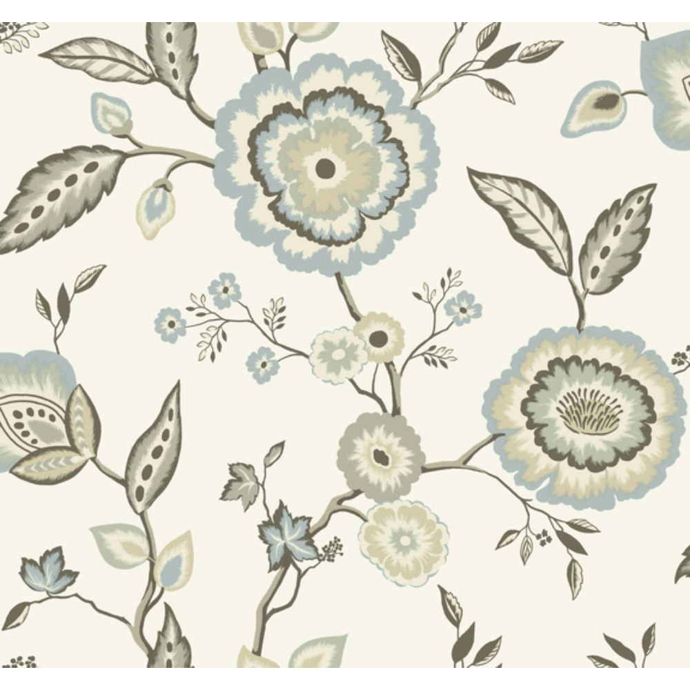York GO8234 Greenhouse Dahlia Blooms Cotton/Sky Wallpaper in White/Off White, Blue