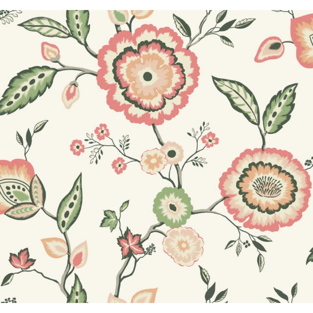 York GO8235 Greenhouse Dahlia Blooms Cotton/Coral Wallpaper in White/Off White, Pink